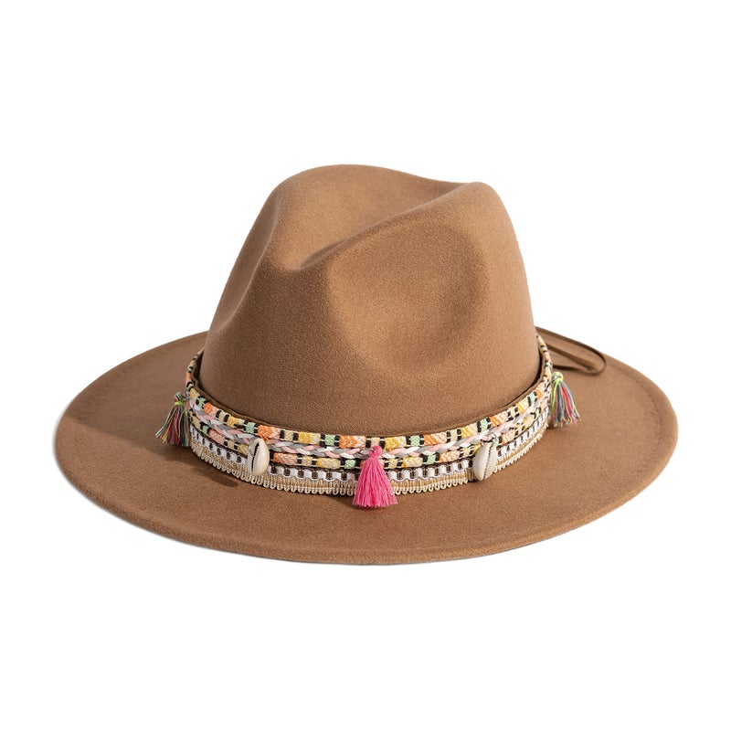 Gossifan Women's Felt Fedora Hat Wide Brim Panama Hats with Tassel-Khaki - Image 1